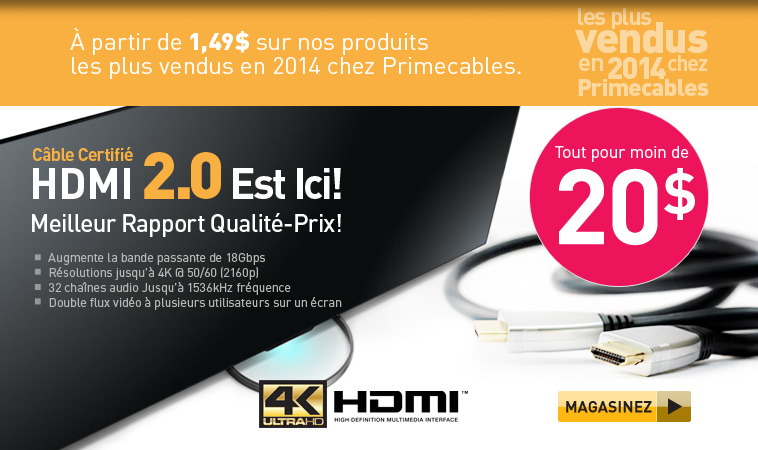 À partir de 1,49$ sur nos produits les plus vendus en 2014 chez Primecables