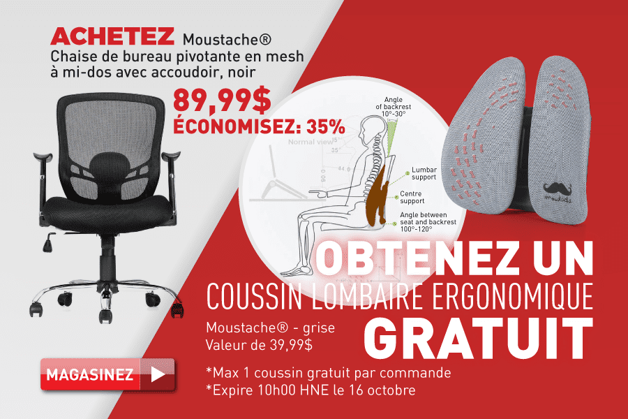 achetez moustache chaise de bureau en mesh 89,99$ obtenez un coussin lombaire ergonomique gratuit